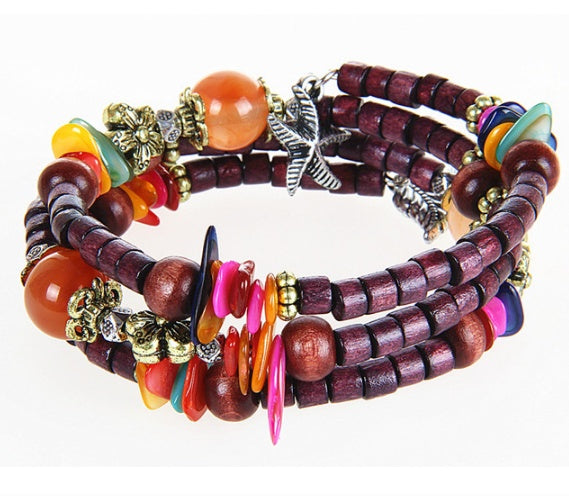 Nationaler Vintage-Holzarmreif aus buddhistischen Perlen, Muschel, Seestern-Anhänger, Holzarmband, Damenstil, Holzperlenarmband