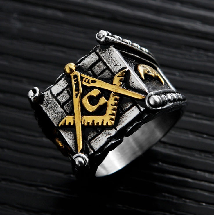 Männer-Freimaurerringe, Gold Sonne Mond, Punk, handgefertigt, hochglanzpolierter Silberschmuck für Herren