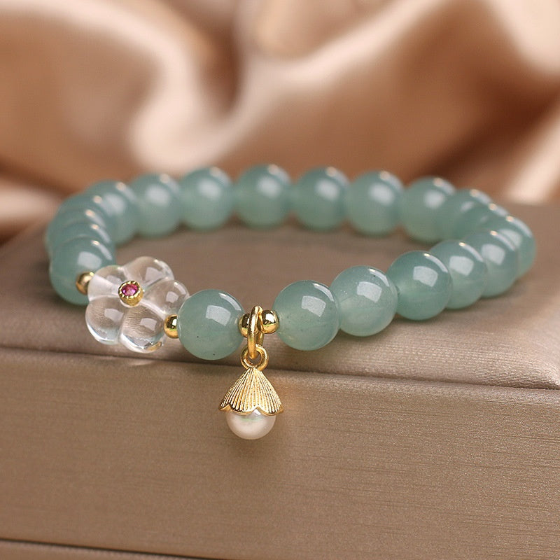 Pulsera de flores de cristal blanco de jade de agua azul para mujer
