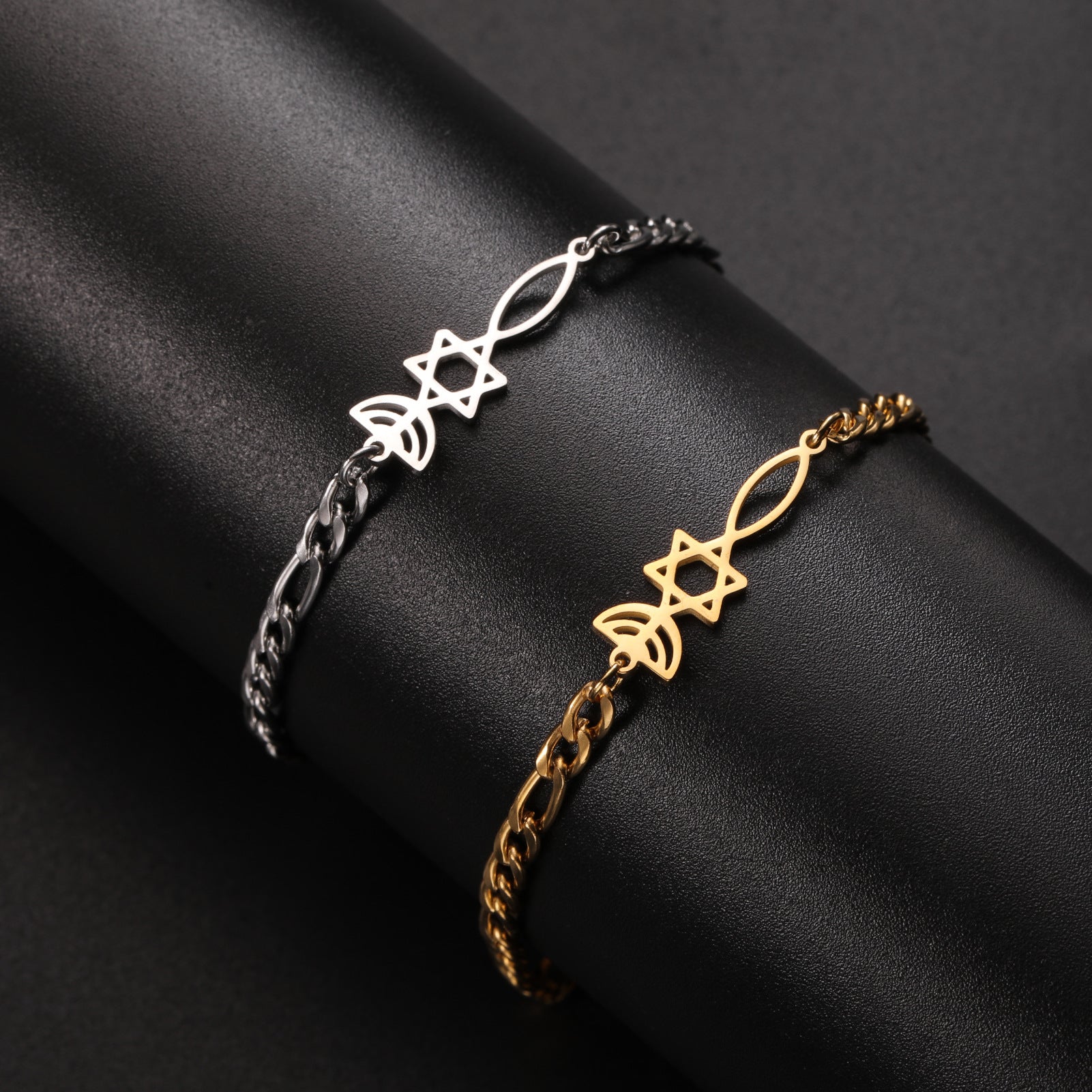 Pulsera de acero de titanio cortado, colgante de pez con estrella de seis puntas hueca