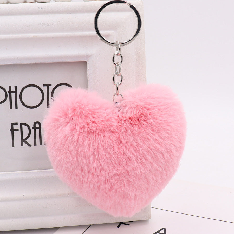 Llavero con pompón en forma de corazón, conejo Rex, de peluche, colgante para coche