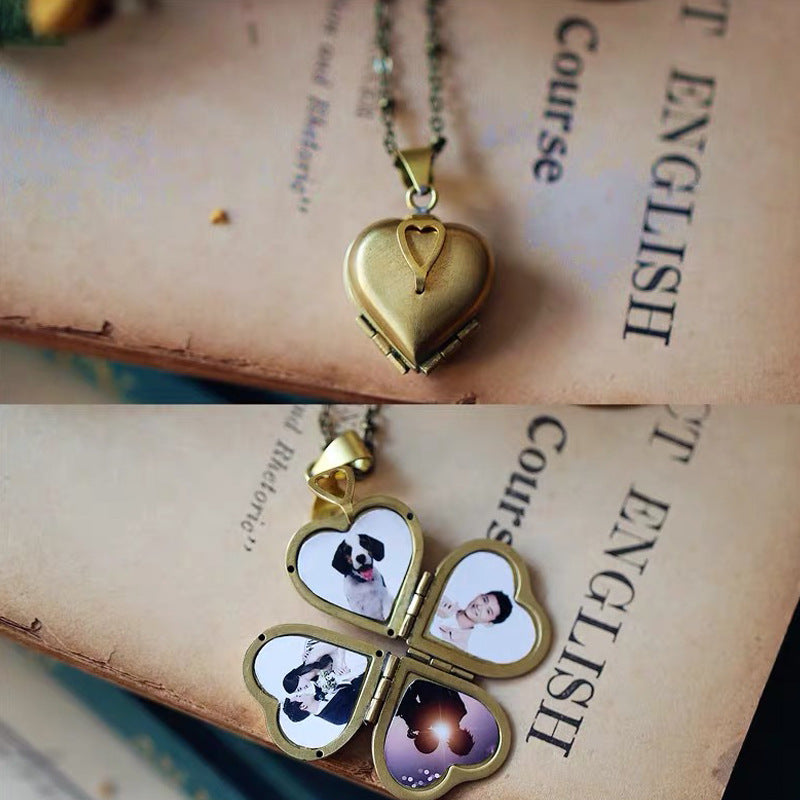 Retro Pure Copper Four-open Three-dimensional Heart-like Four-leaf Clover Pendant Bow Necklace