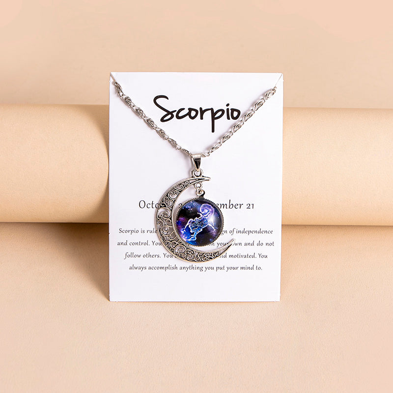 Collar con colgante de luna y 12 abalorios de cristal con signos del zodiaco para mujer y niña
