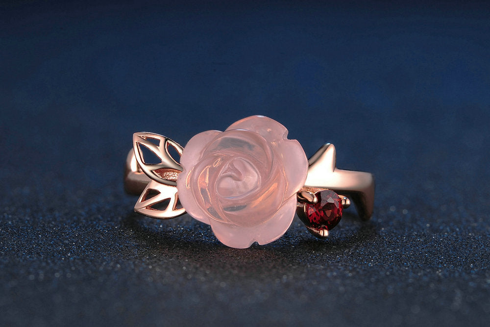 Blume Rosenquarz Edelsteine 18K Roségold plattiert Feiner Schmuck Silber Set