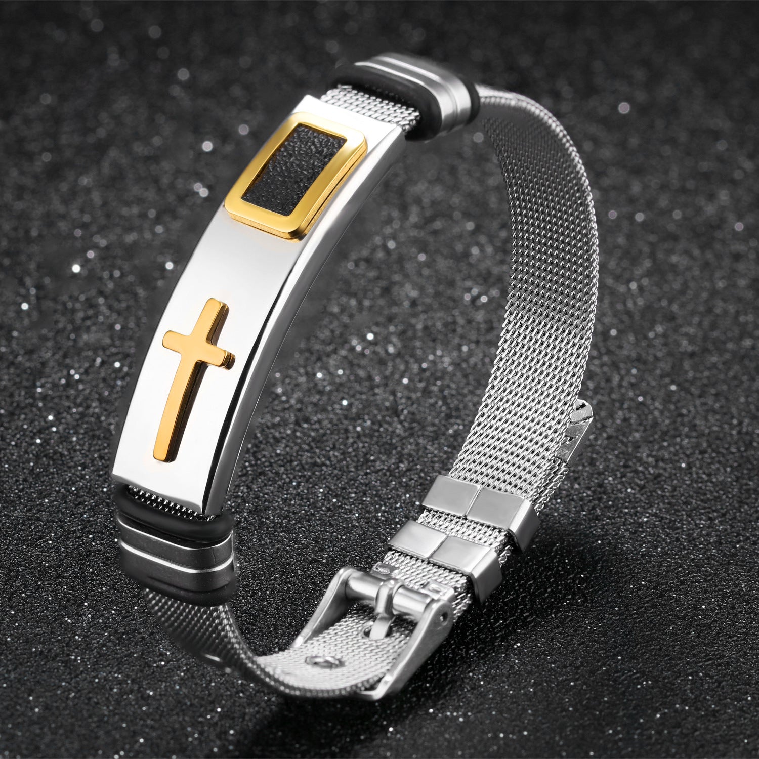 Stahlgitterarmband Armband Goldkreuz Titanstahl Herren Persönlichkeitsarmband