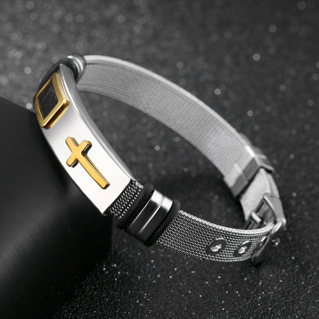 Stahlgitterarmband Armband Goldkreuz Titanstahl Herren Persönlichkeitsarmband