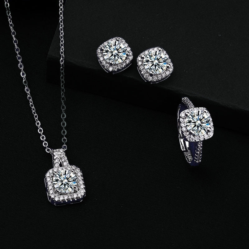 Quadratische Tasche Diamant-Halskette Ringe Ohrstecker Set