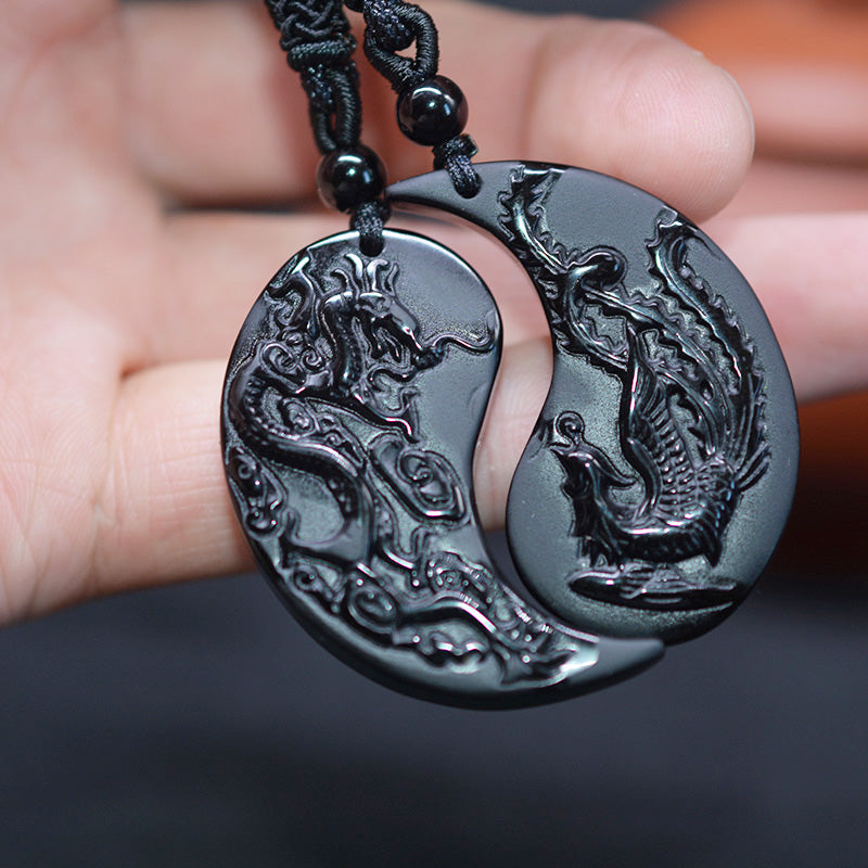 Obsidian-Drachen-Phönix-Paar-Anhänger für Verliebte