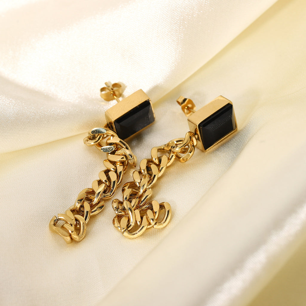 Edelstahl schwarzer Edelstein Anhänger Damen Cuban Chain Ohrringe Ohrschmuck