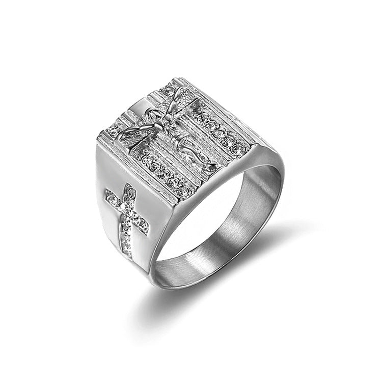 Anillo cruzado de Jesús retro europeo y americano religioso