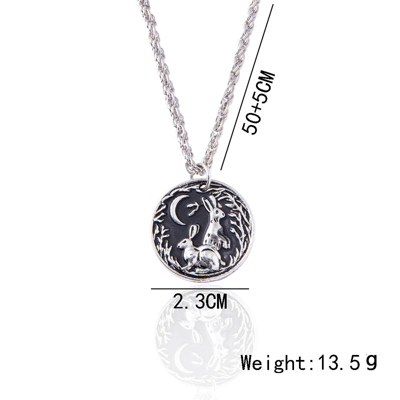 2023 New Cute Moon Rabbit Grass Antique Silver Pendant Necklace