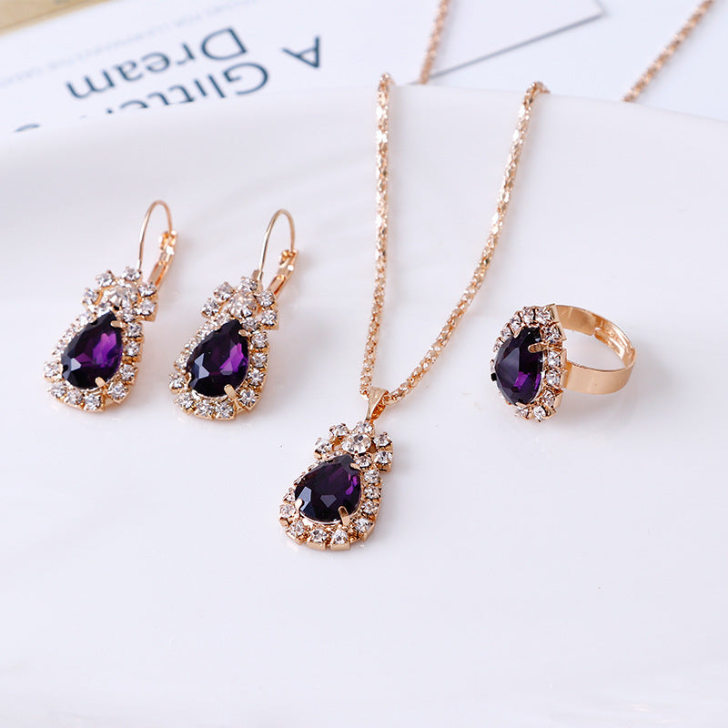 Wassertropfen Strass Halskette Ohrringe Ring Set