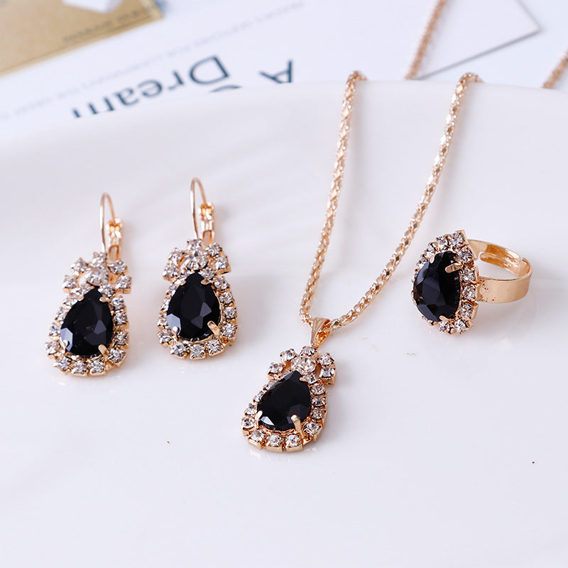 Wassertropfen Strass Halskette Ohrringe Ring Set