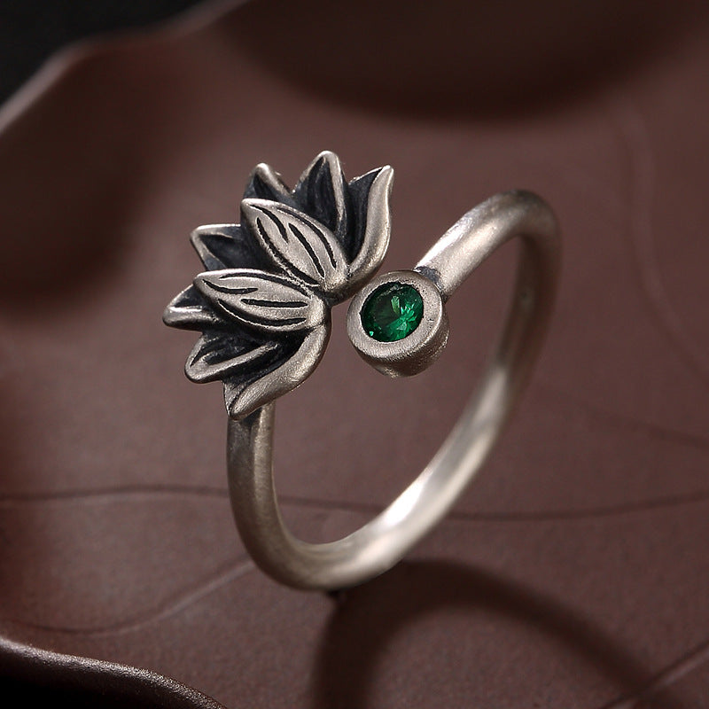 Silberring mit Lotusblüten-Mosaik und Glasur