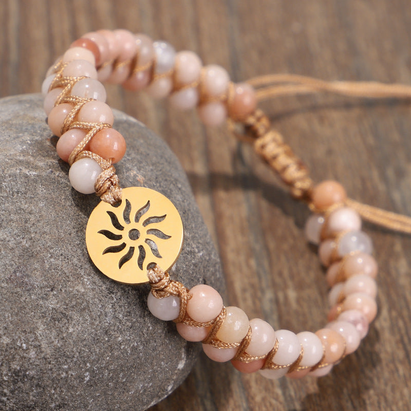 Doppellagiges, handgewebtes Armband mit Natursteinen und Hohlmustern für Yoga und Meditation