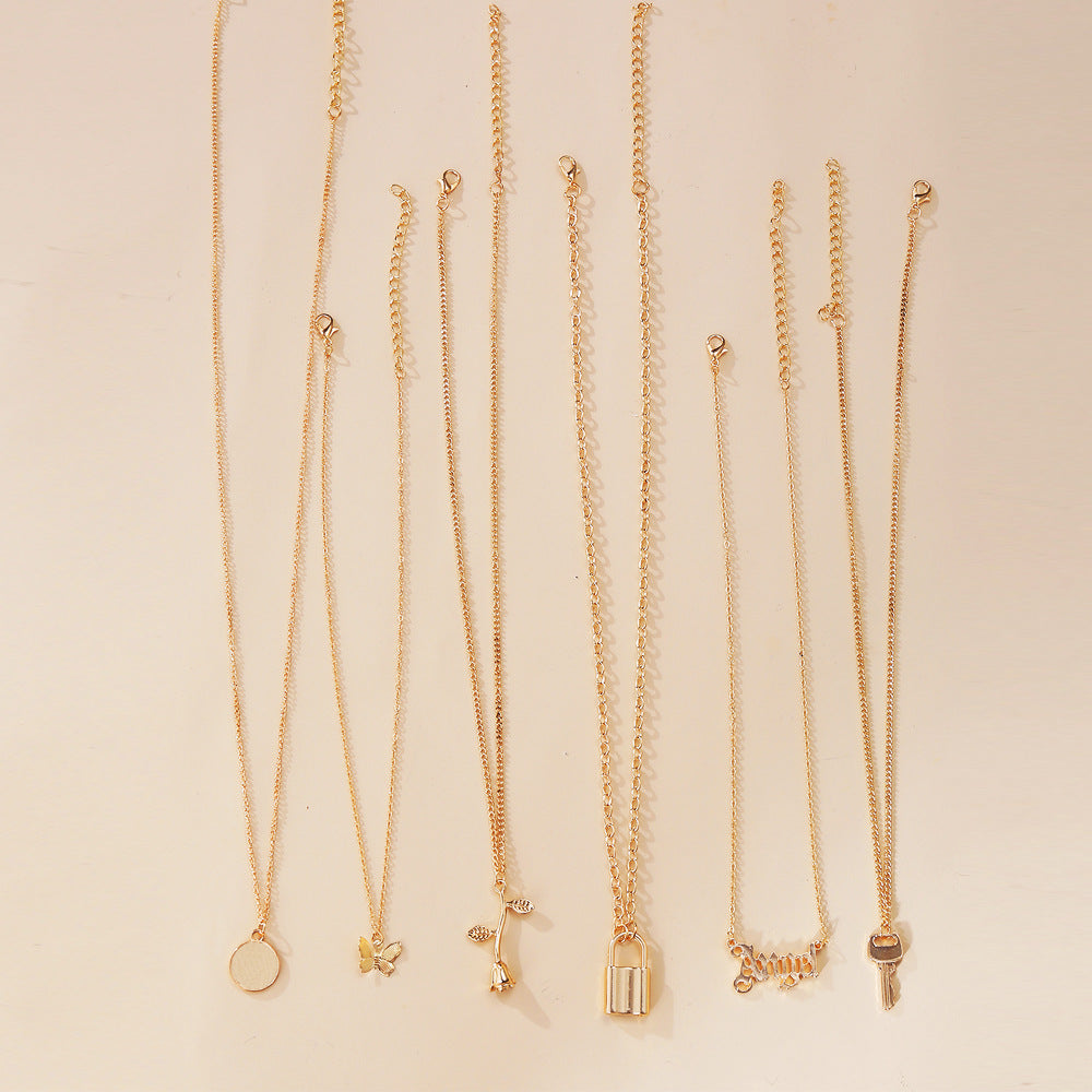 fashion jewelry Multi-layer Creative Simple Lock Rose Pendant Necklace Suit