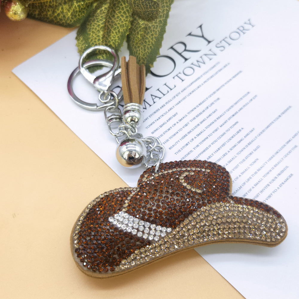 Llavero de sombrero de vaquero con diamantes de imitación y estampado de fotos