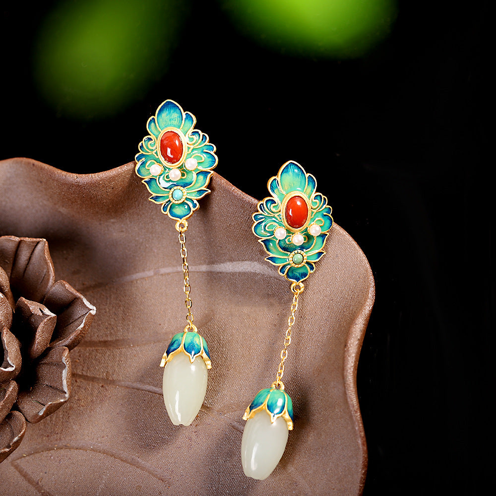 Pendientes de flor de plata S925 con incrustaciones de jade blanco Hetian