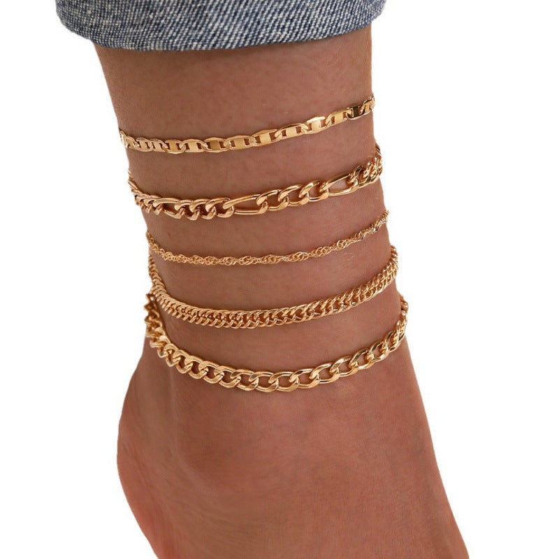 Tobillera de cadena de serpiente retro creativa de metal, conjunto de cinco piezas, sencilla y elegante