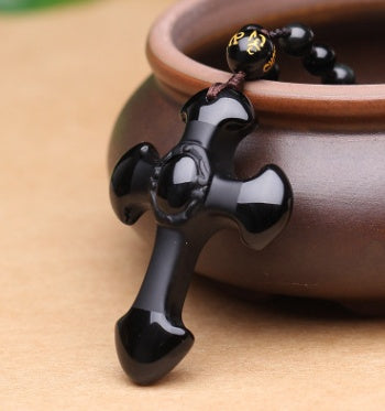 Natürlicher Obsidian Jesus-Kreuz-Anhänger Ukrainischer Eissamen Christus Jesus Paar Halskette Schmuck