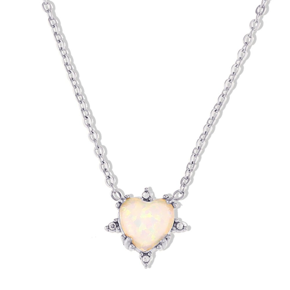 European And American Fashion Retro Popular Bracelet Ear Studs Stainless Steel Gold-plated Peach Heart Opal Necklace