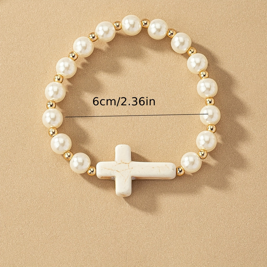 Pulsera Cruz Piedra Natural Perla