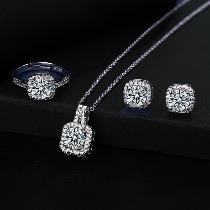 Quadratische Tasche Diamant-Halskette Ringe Ohrstecker Set