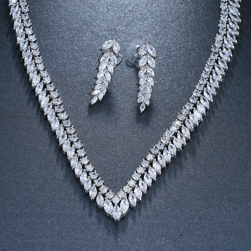 Brautschmuck Zirkon Blätter Halskette Ohrringe
