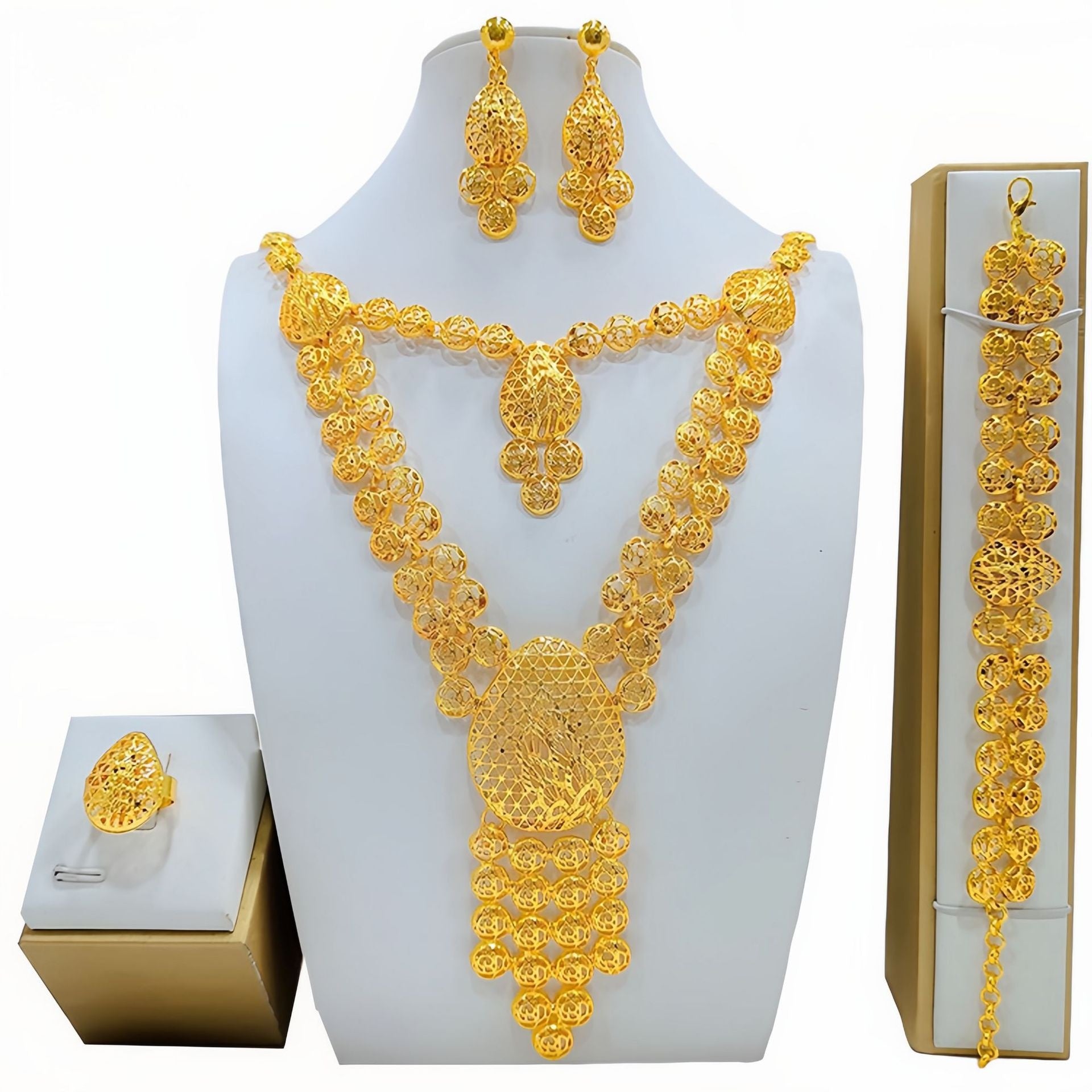 Traje de joyas de oro, collar, pulsera, pendientes y anillo de boda nupcial árabe