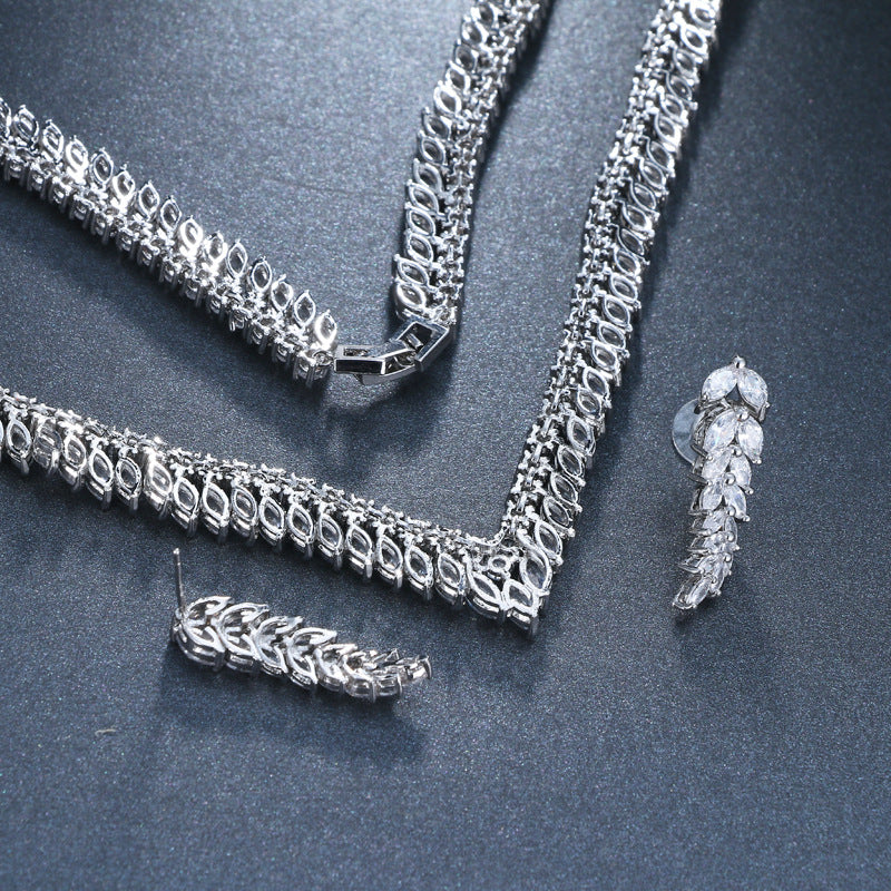 Brautschmuck Zirkon Blätter Halskette Ohrringe