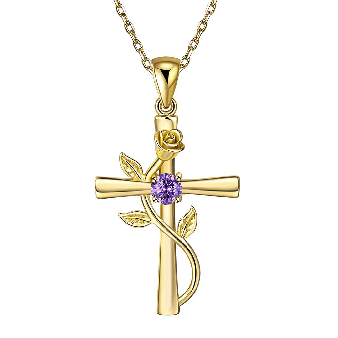 Rosenkreuz-Halskette mit Strass, modische Persönlichkeit, 12 Monats-Geburtsstein-Anhänger-Halskette für Valentinstag, Geburtstagsgeschenk