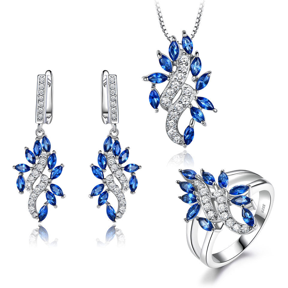 Saphirblatt-Set mit Diamant-Anhänger, Ohrringen und Ring, 3-teiliges Set