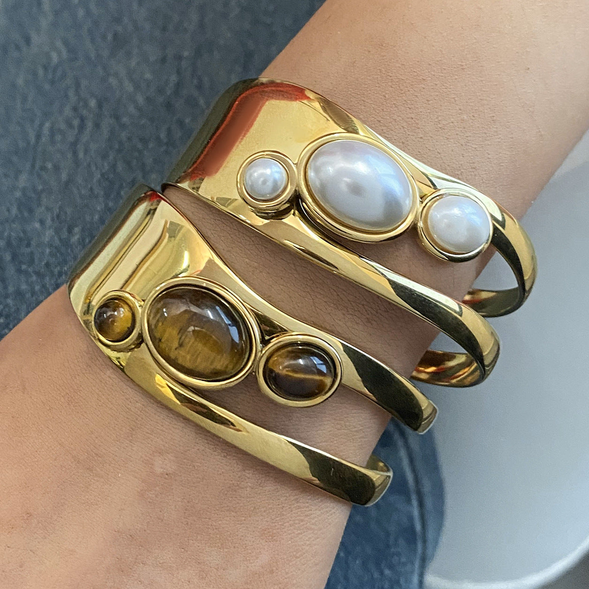 Natural Stone Open Bracelet Titanium Steel Hand Jewelry