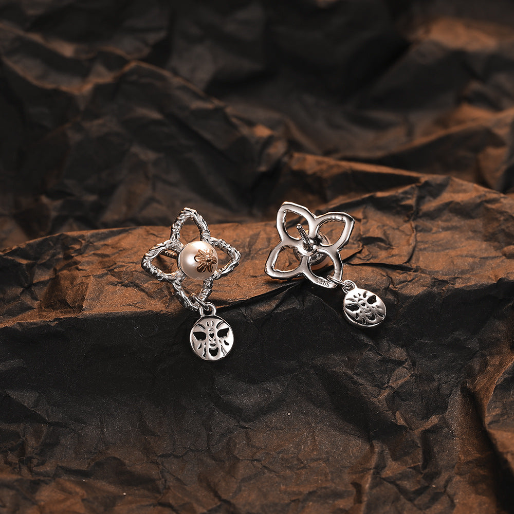 Pendientes de Perlas de Plata 925 con Diseño de Flor y Abeja