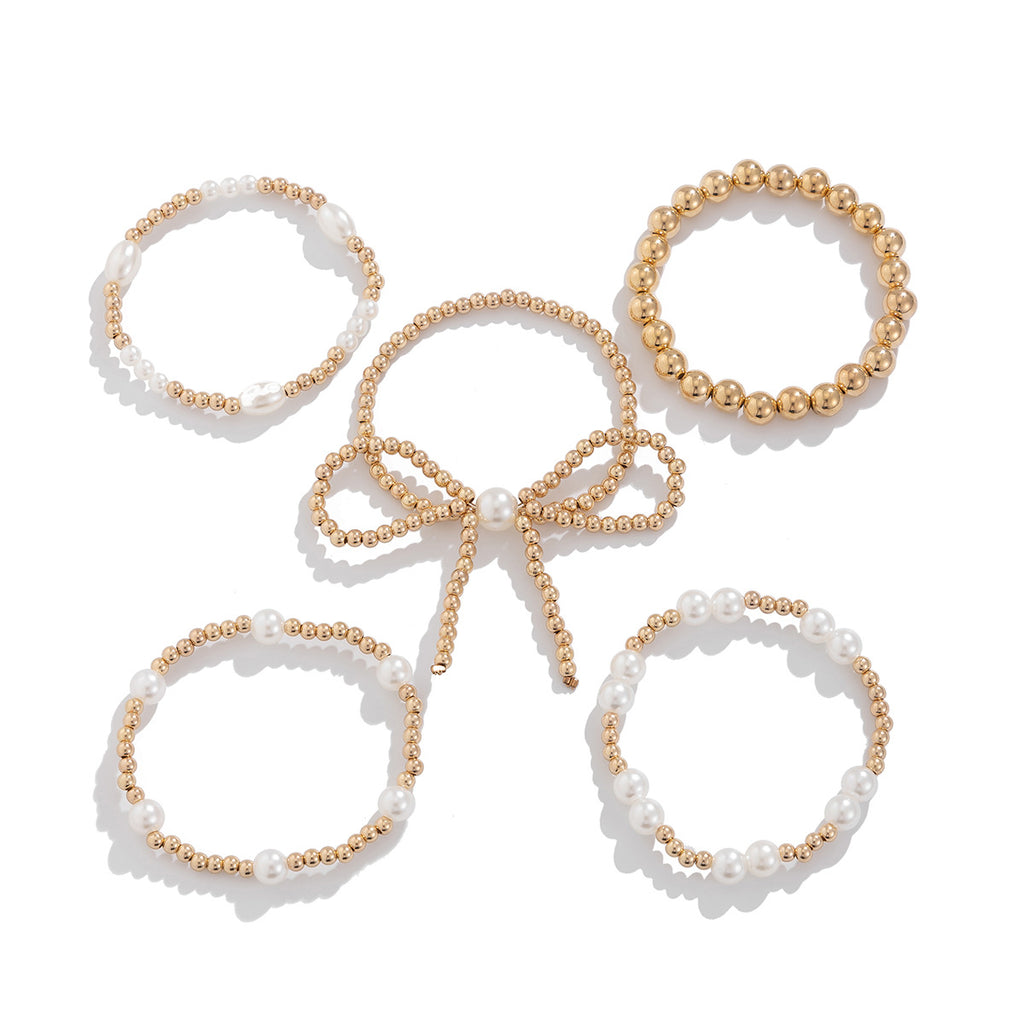 Personalisiertes Armband mit Schleife und Perlen, mehrlagig, 5-teiliges Set