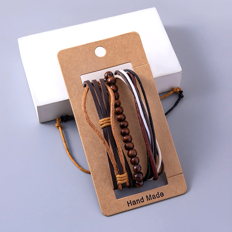 Pulseras ajustables de cuero multicapa vintage para mujeres y hombres, pulseras étnicas con cuentas de madera