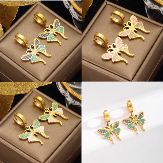 Collar de aceite colorido, pendientes de mariposa, aretes colgantes de diamantes de alta gama para personas a la moda y temperamentales.