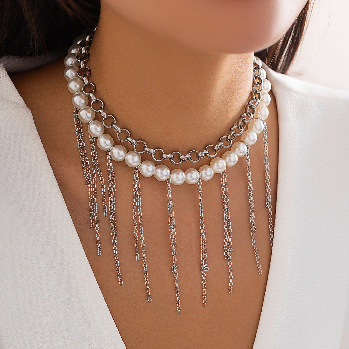 Perlenquaste Lustiges Design Doppellagige Retro-Halskette Damen Accessoires
