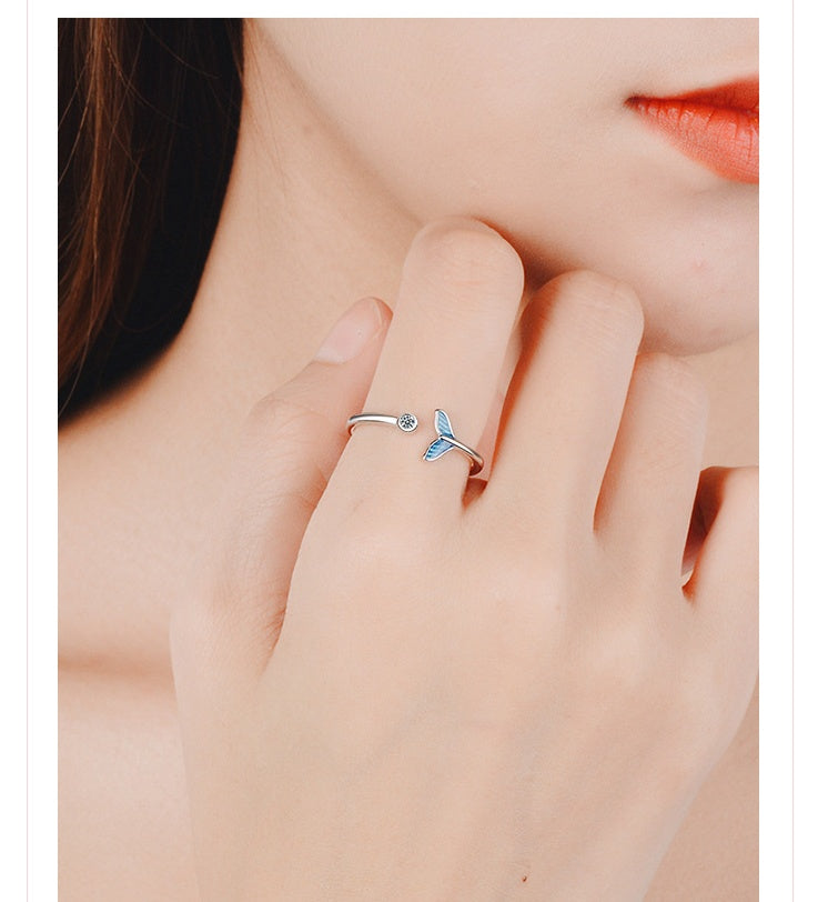 Anillo de cola de sirena azul de color plata a la moda con circonita cúbica, cola de pez, bague, anillos de regalo románticos