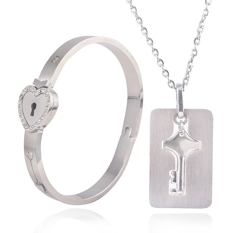 Modeschmuck Titanstahl Paar Liebesschloss, Armband, Schlüssel-Set, Halskette