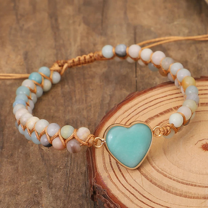 Klassische Herzform Charms Armbänder Amazonit Schnur Geflochtenes Makramee Armband Teengirls Wickelarmband Damen Schmuck