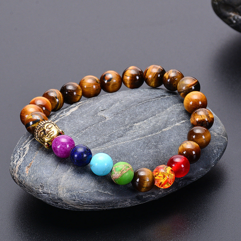 Pulsera de cuentas de ojo de tigre de piedra de lava natural con siete chakras curativos