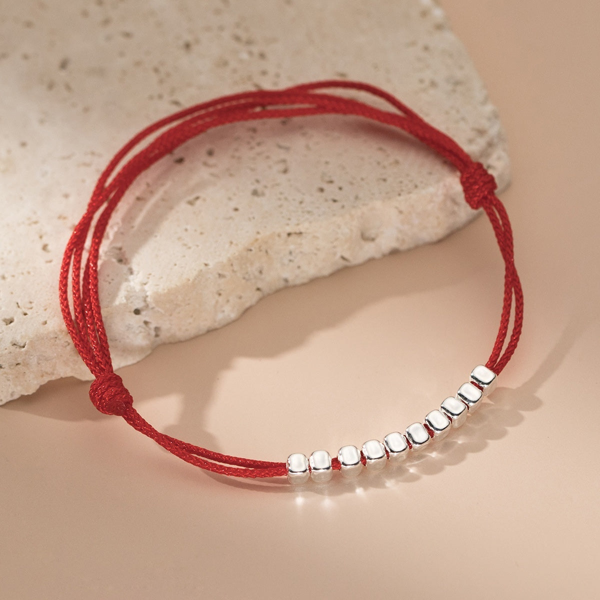 S925 Silver Simple 10 Square Sugar Particles Adjustable Red Rope Bracelet