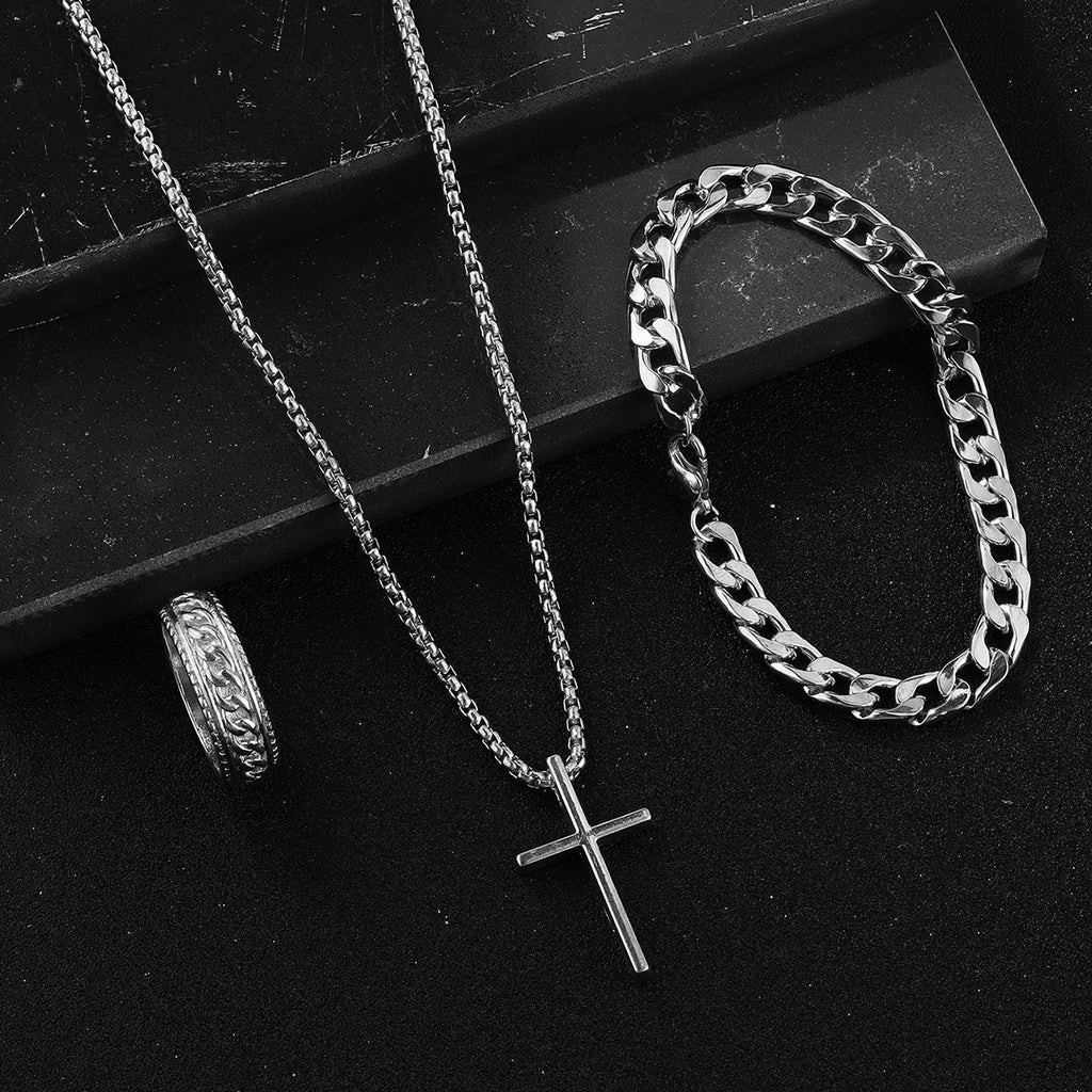 Herren Kreuz-Halskette Ring Armband Set