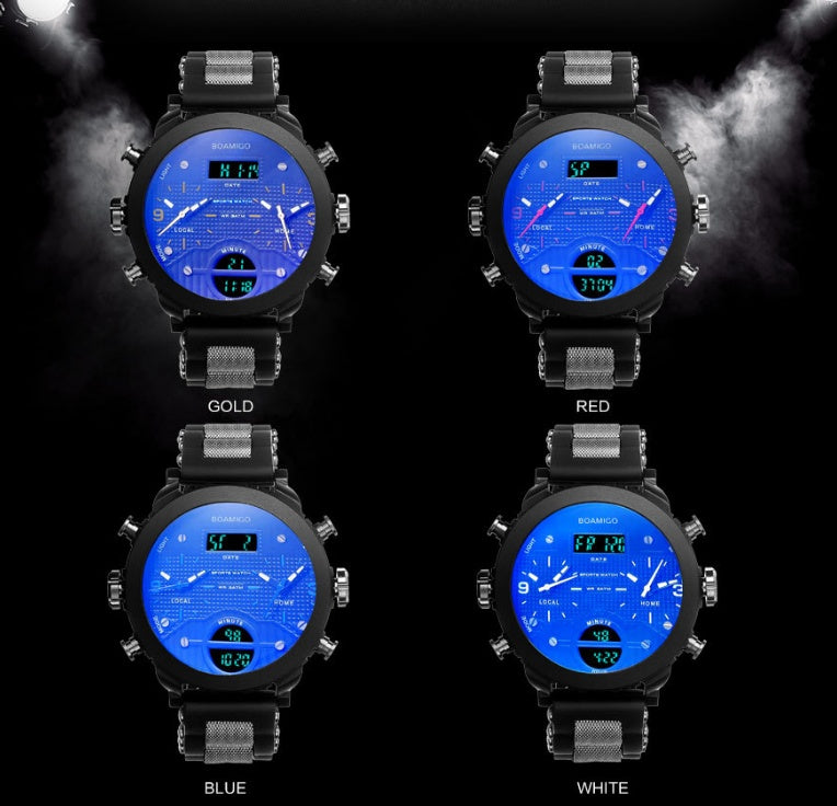 Herrenuhr Elektronische Quarz-Doppelanzeigeuhr 3 Zeitzonen Wasserdichte Uhr