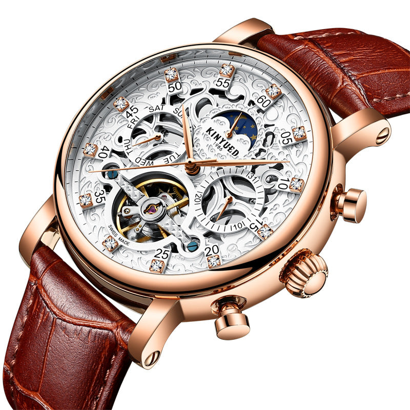 Neue KINYUED echte automatische Leder Herrenuhr Uhren hohle mechanische Uhren Reisezeit genau