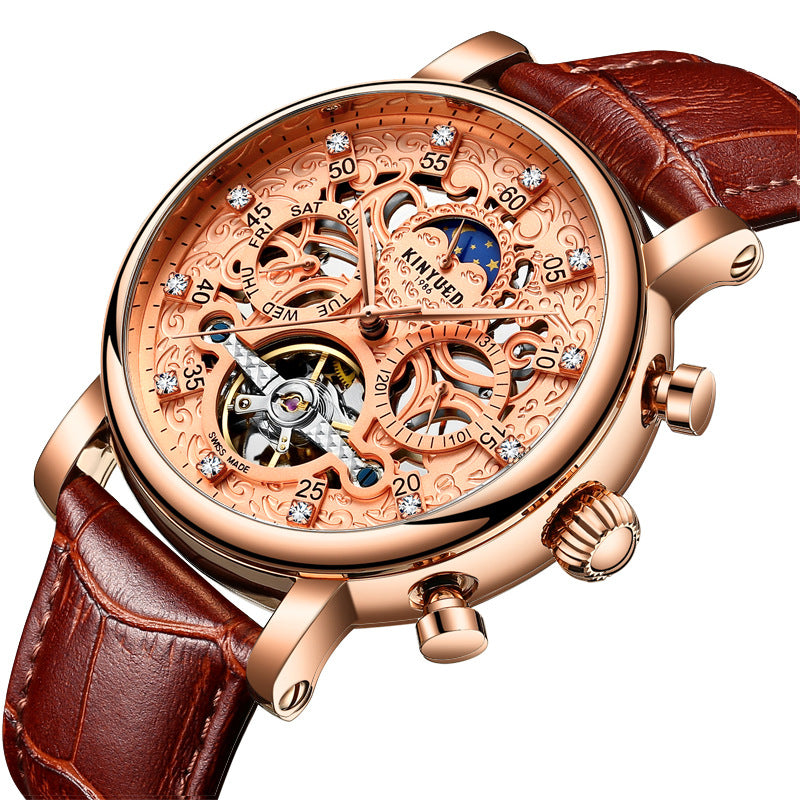 Neue KINYUED echte automatische Leder Herrenuhr Uhren hohle mechanische Uhren Reisezeit genau