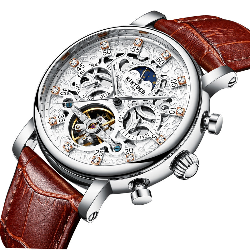 Neue KINYUED echte automatische Leder Herrenuhr Uhren hohle mechanische Uhren Reisezeit genau