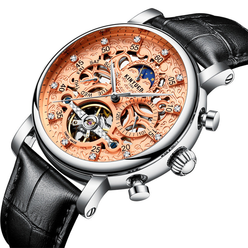 Neue KINYUED echte automatische Leder Herrenuhr Uhren hohle mechanische Uhren Reisezeit genau