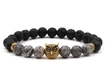Außenhandel AliExpress meistverkaufte 8mm Naturstein schwarzer Lavavulkanstein Armband Goldlegierung Eule Armband